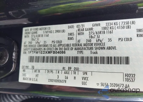 2021 Ford F-150 Lariat z USA, uszkodzony, nr VIN 1FTFW1EDXMFB04086